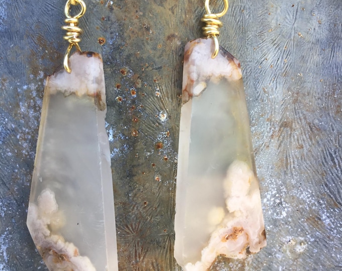 Summer breeze Laguna Lace agate slab earrings with soft pink tones and bronze wire wrapping by Weathered Soul