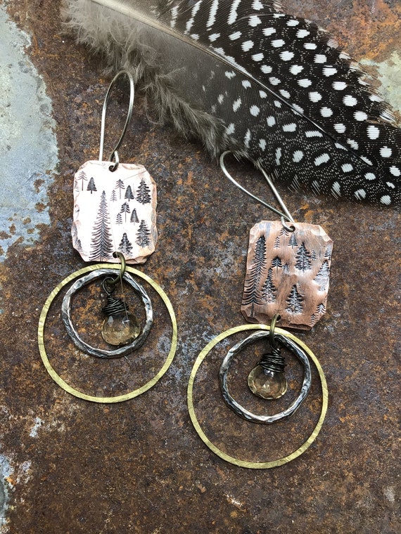 Double hoop forest earrings by Weathered soul, mixed metals, citrine, urban chic,artisan hoops