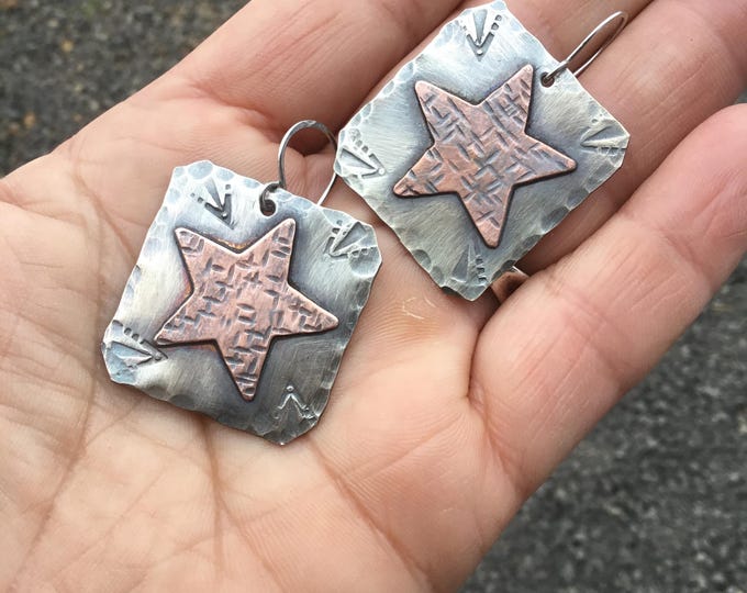 Stars and stripes earrings by Weathered Soul, rustic copper stars on sterling, cowgirl, artisan, western, cowgirl, USA made, star earrings