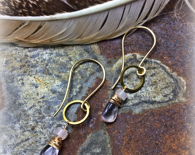 Itty bitty bronze hoops with amethyst quartz and rose quartz, minimalist chic