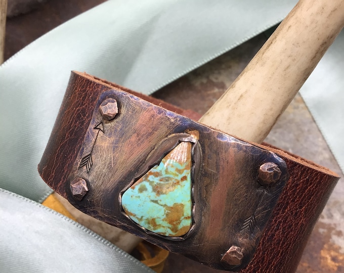 Dainty narrow leather pilot mountain turquoise cuff bracelet with snap closure on distressed leather