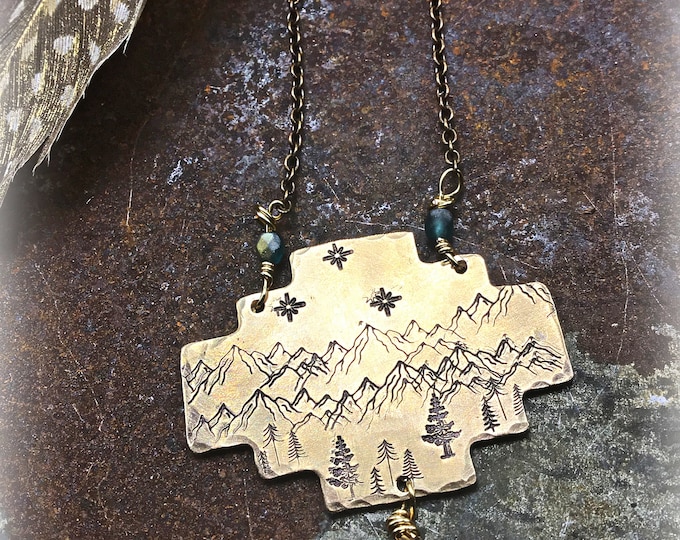 Sweet bronze Aztec mountain scene necklace with twinkling stars and rhinestone dangle, lobster claw hook