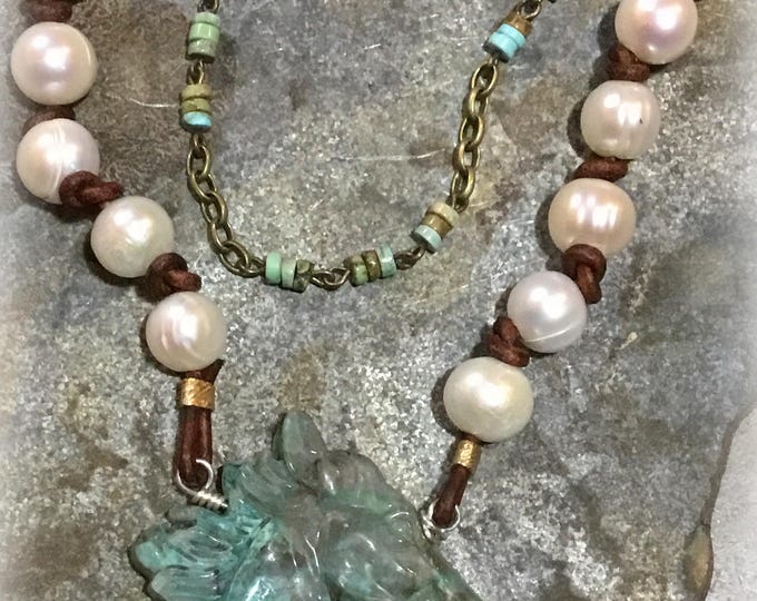 Stunning carved stone Chrysocolla horse head large pendant pearl and leather layered necklace by Weathered Soul artisan jewelry,horse lover!