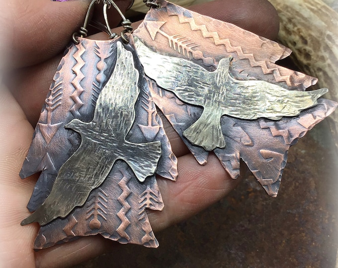 Made to order large Aztec patterns with flying silver ravens, stunning bold statement earrings by Weathered Soul