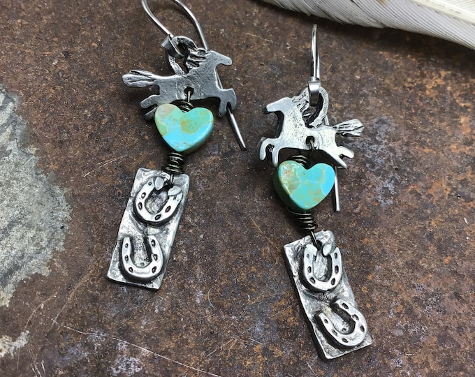 One lucky pony earrings by Weathered Soul, sweet horse lover earrings with jumping pony and turquoise hearts,cowgirl style