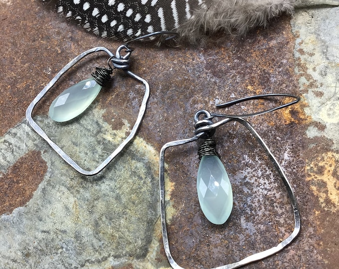 Abstract rustic slightly off kilter square hoops with chalcedony by Weathered soul, rustic sterling