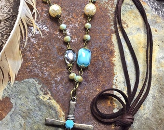 Vintage Inspired Cross Necklace, Rustic Leather Chain, Weathered Soul Jewelry