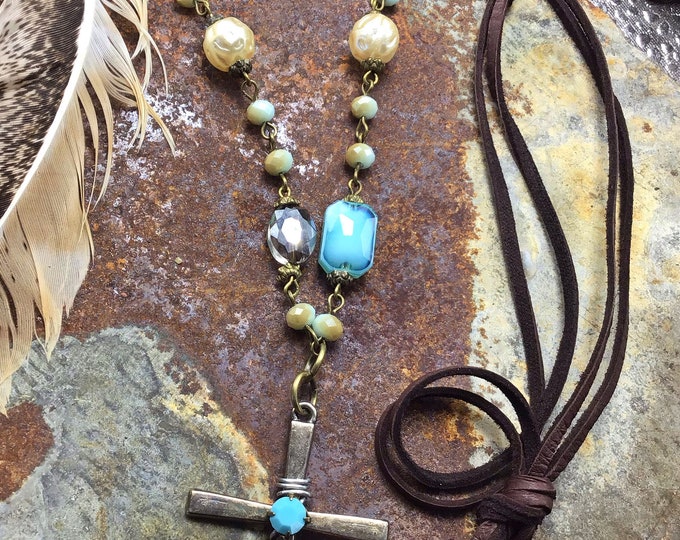 My precious Savior necklace by Weathered Soul jewelry,vintage inspired handmade chain, leather, rustic cross, inspirational