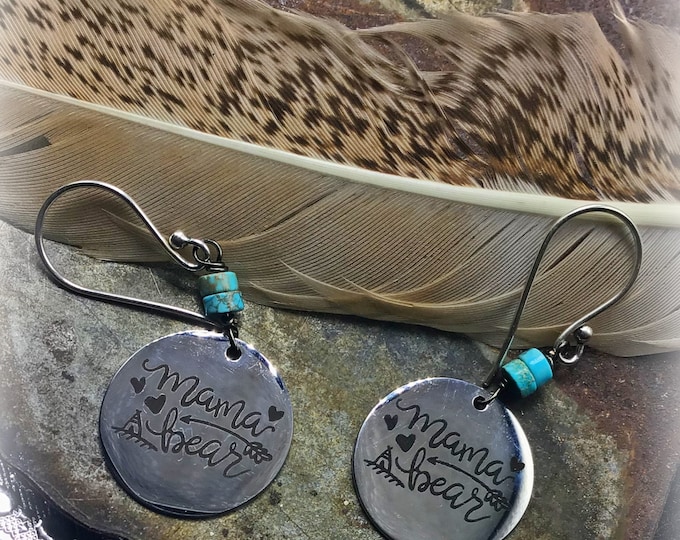 Just in time for Mother’s Day little momma bear silver plated earrings with a touch of turquoise