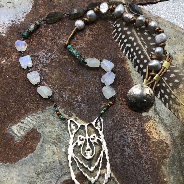 Lone wolf necklace by Weathered Soul, vintage sterling repurposed with leather, turquoise, moonstone and pearls, classic,USA