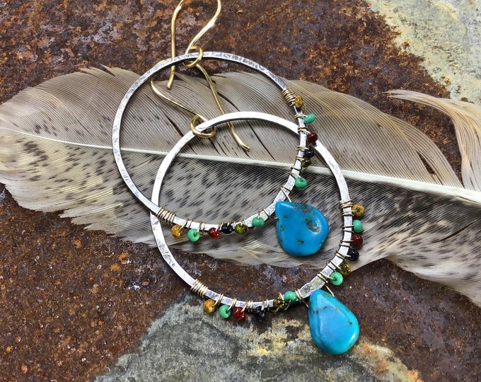 Southwest twist hoop earrings by Weathered Soul jewelry, large hammered sterling hoops with tiny seed beads and turquoise wire wrapped