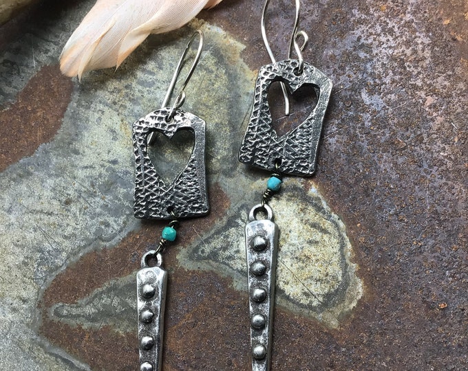 Be still my heart earrings by Weathered soul, artisan turquoise earrings with rustic heart cut outs, dagger drops with red jasper