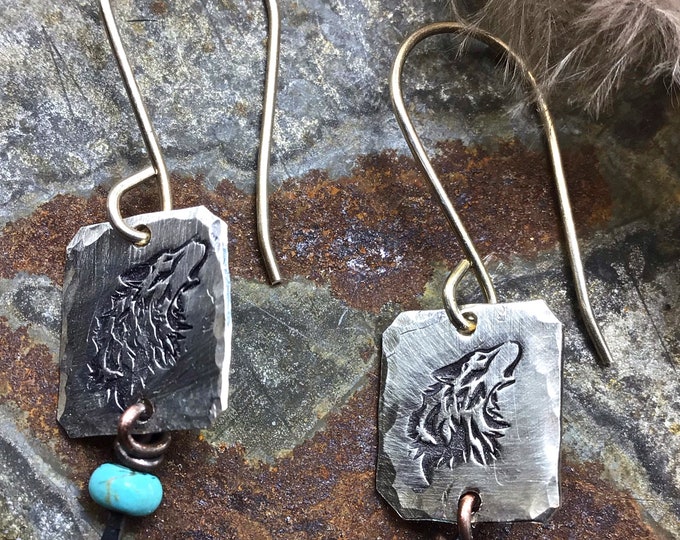 Very small dainty wolf howling sterling drop earrings with turquoise, Wildlife lover
