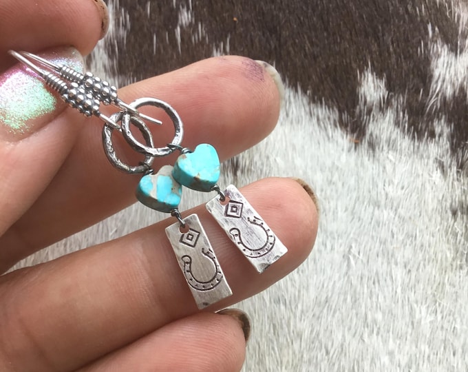 Little bitty sterling horseshoe with turquoise hearts by Weathered Soul artisan jewelry,dainty horse lover jewelry, western style, minimal