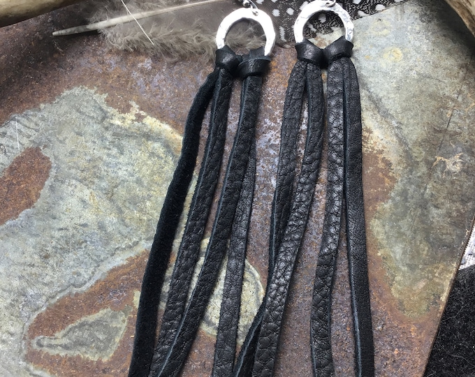 Wild one earrings by Weathered Soul, very long super soft black leather dangle from small hammered sterling hoops with ball ear wires