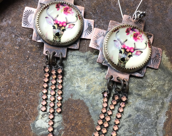 Fabulous flowers with sweet little buck earrings set in copper with rhinestone fringe, very unique,sterling ear wires