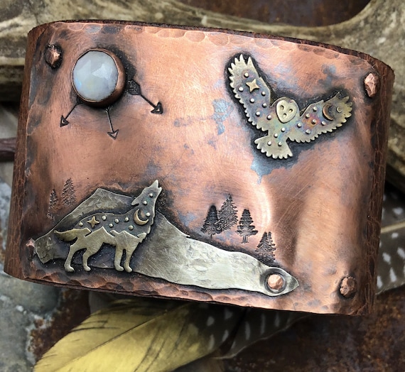 Wolf and the owl cuff by Weathered Soul, artisan leather wide statement cuff, outdoor enthusiast, unique OOAK