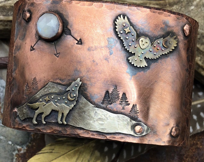 Wolf and the owl cuff by Weathered Soul, artisan leather wide statement cuff, outdoor enthusiast, unique OOAK