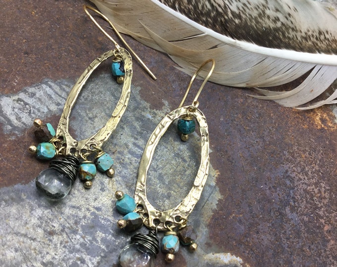 Very rustic bronze oval long hoops with topaz and turquoise,very artisan style,Sundance style by Weathered Soul