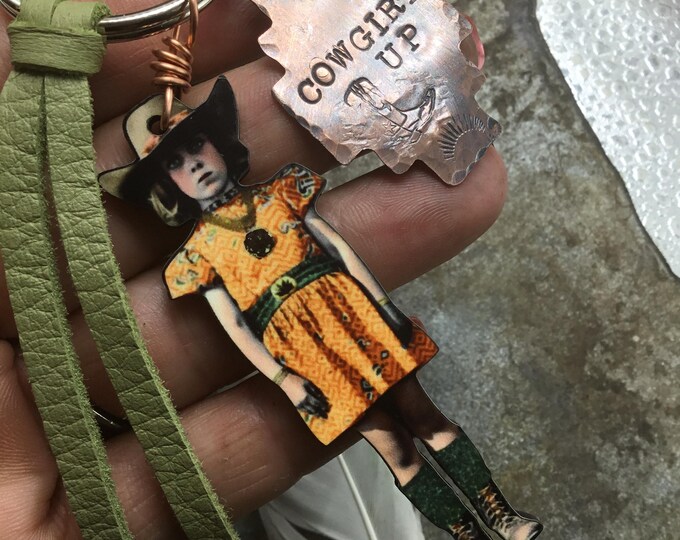 Cowgirl up key chains your choice of rearing Cowgirl or buddies, artisan crafted