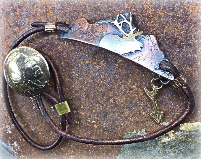 Elk and mountain ankle bracelet with bronze, copper, leather, and sterling, vintage buffalo nickel silver button closure