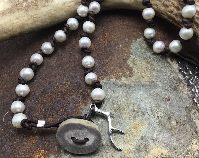 Leather and pearl mighty huntress bracelet with antler button and horn charm can be a necklace or double wrap bracelet dual purpose