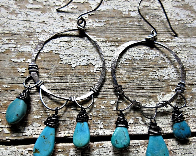 Made to order Large turquoise wire wrapped artisan hoops by Weathered Soul, teardrop stones, sterling, rustic hoops, cowgirl, southwest USA