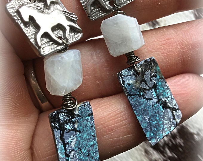 Sweet trot on pony with stunning Hubei raw slab turquoise dangles by Weathered Soul, horse lover, cowgirl,sterling ear wires and moonstone