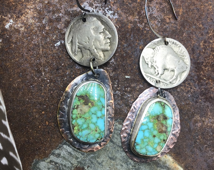 Vintage reclaimed buffalo nickel earrings with stunning pilot mountain turquoise, western style, artisan crafted, made in USA,cowgirl