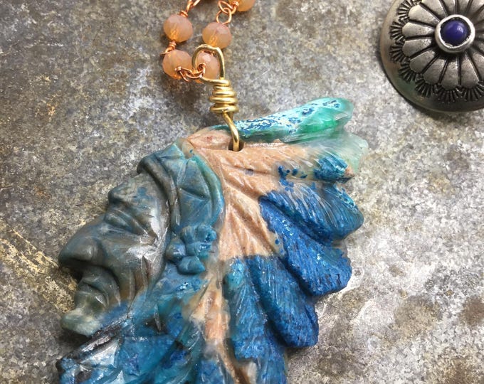 Carved Chrysocolla stone with incredible chalcedony and leather with button concho closure with Lapis by Weathered Soul jewelry