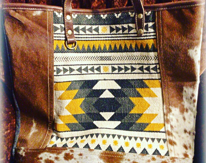 Gorgeous genuine cowhide and rich Aztec patterned large tote with canvas and leather accents by Myra and Weathered Soul, carry bag
