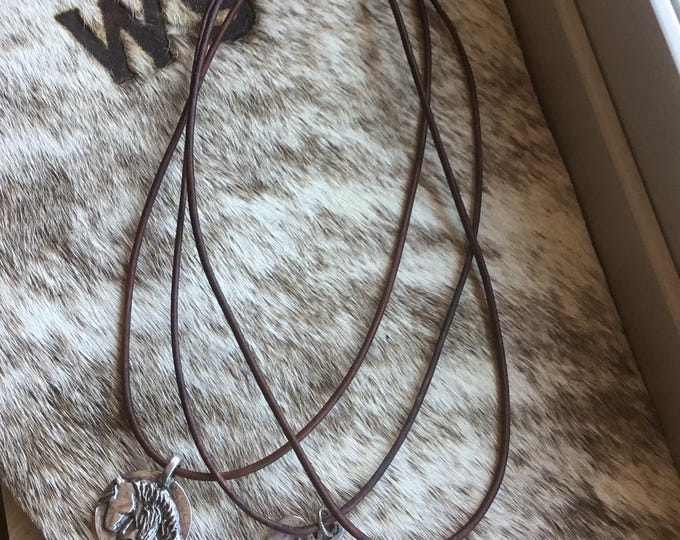 Made to order oh so simple sweet horse girl necklaces on dark chocolate leather cord with mixed metals by Weathered Soul artisan jewelry