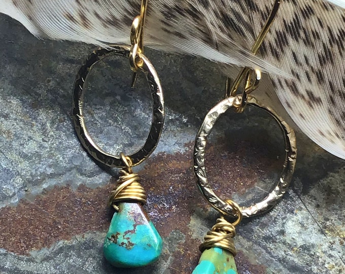 Small dainty rustic bronze hoop earrings with turquoise teardrops wire wrapped on bottom, urban chic