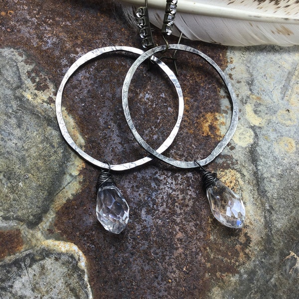 A little rustic glitzy earrings by Weathered Soul, rustic large hammered sterling hoops with quartz and rhinestone,wedding jewelry