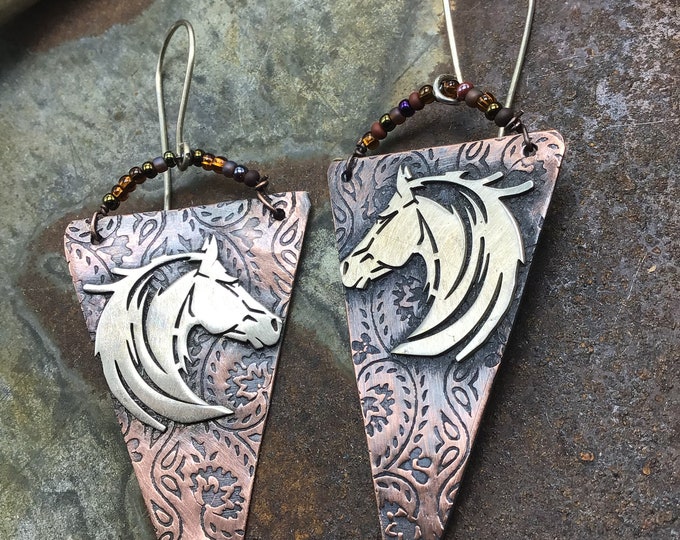 Stunning horse head earrings with tooled looking copper western style, horse lover, beaded with tiny seed beads sterling ear wires