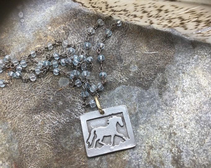 Dainty prancing pony with bronze and silver, rosary wire wrapped apatite delicate chain by weathered soul hook and loop closure,horse lover