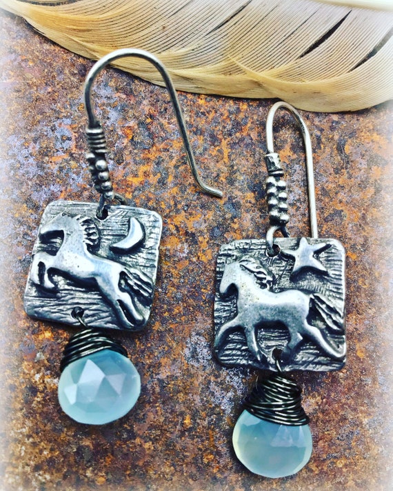 Itty bitty prancing pony earrings one jumping one trotting with chalcedony blue stone sterling ball ear wires