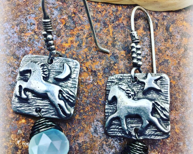 Itty bitty prancing pony earrings one jumping one trotting with chalcedony blue stone sterling ball ear wires