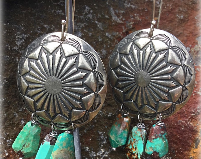 Featured listing image: Large statement western German silver concho earrings with drops of colorful turquoise by Weathered Soul artisan jewelry
