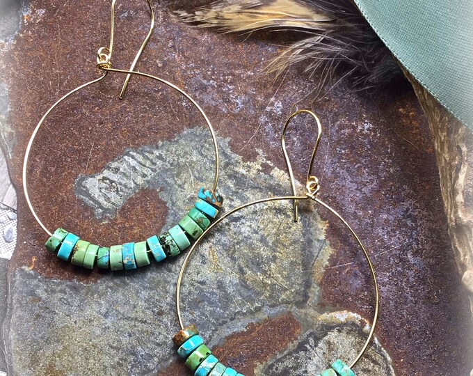 Beach hoops bronze large hoops with turquoise imperial jasper lightweight