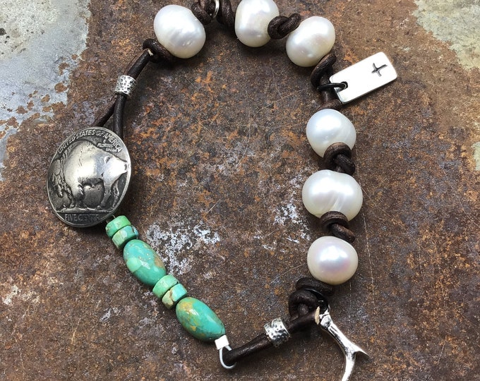 Made to order cross and antler leather and pearl bracelet by Weathered Soul Jewelry, vintage buffalo nickel button closure