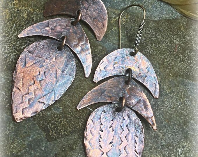 Antiqued copper Aztec patterned waterfall style drop earrings with ball sterling ear wires. Modern western vibe by Weathered Soul