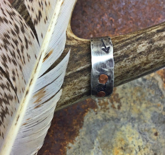 Feather and Arrow ring by Weathered Soul TM. Embossed sterling with copper rivet, made in USA, artisan crafted, native american, classic