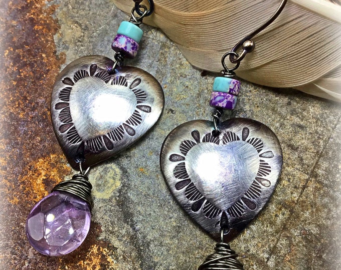 A heart for Spring earrings by Weathered Soul with a sweet touch of amethyst with a little western vibe, sterling silver