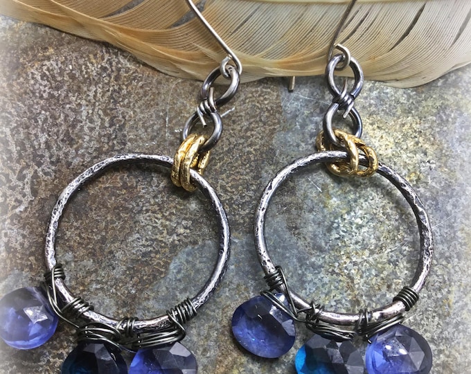 Better in Blue Jeans rustic organic sterling hoops with topaz & amethyst with sterling barbed wire links by Weathered Soul,rustic cowgirl