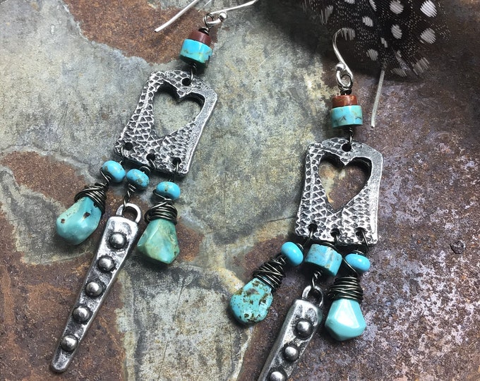 Be still my heart earrings by Weathered soul, artisan turquoise earrings with rustic heart cut outs, dagger drops with red jasper