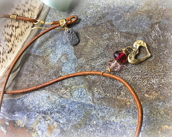 Just in time for the day of love little bronze artisan heart and you are loved tag on leather cord with garnet and quartz by Weathered Soul