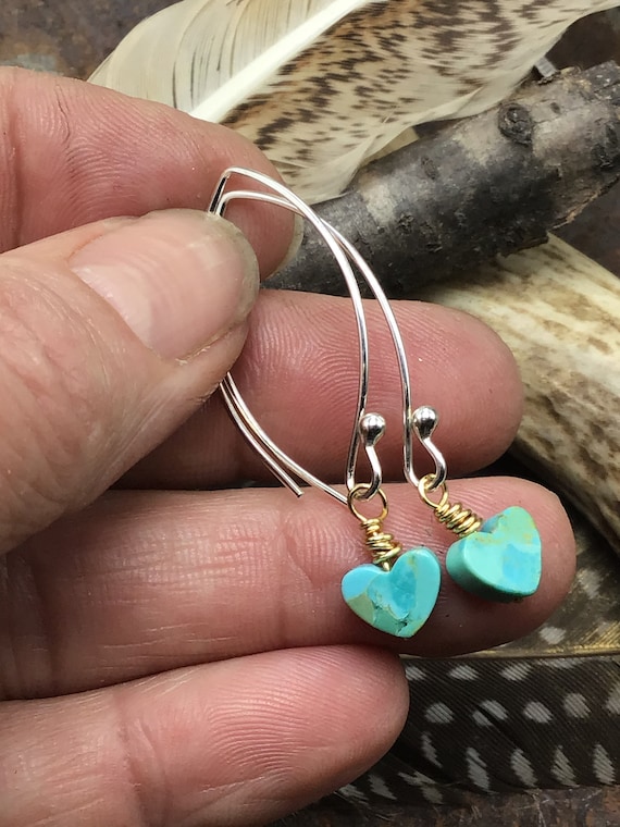 Teeny tiny tidbits of turquoise with bronze and sterling long ear wires, minimalist chic,simplistic style