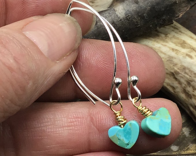 Teeny tiny tidbits of turquoise with bronze and sterling long ear wires, minimalist chic,simplistic style