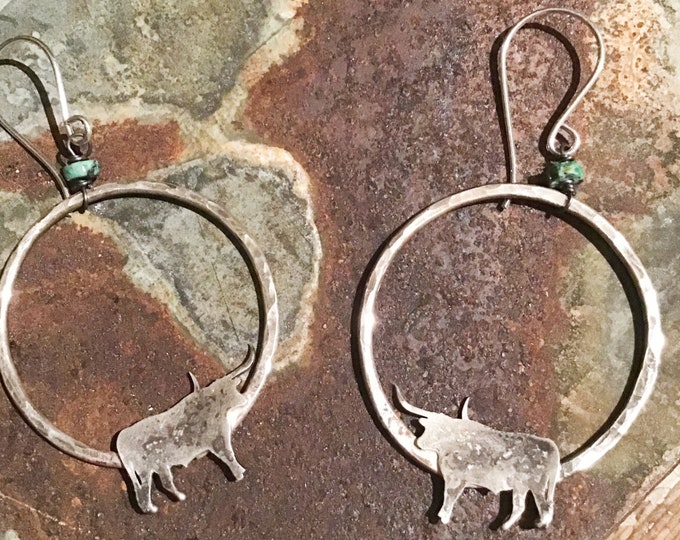 Longhorn hoops by Weathered Soul with a touch of turquoise, all sterling large hammered hoops artisan made in the USA, cowgirl